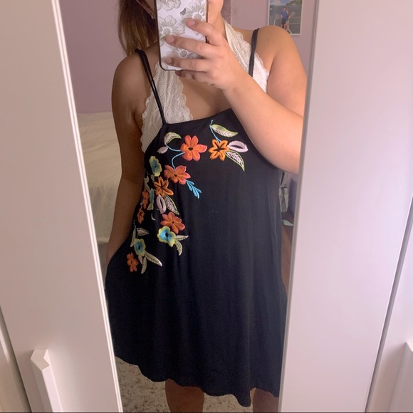 Free People Embroidered Floral Shift Mini Dress Black - Picture 3 of 12